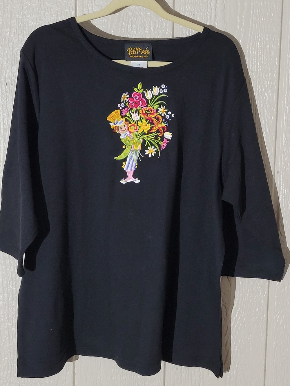 Bob Mackie Black Long Sleeve Tee with Colorful Floral Embroidery
